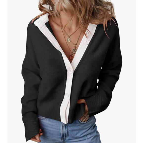 Cardigan Sweaters Winter Colorblock Button Down Open Front Sweater Short - Picture 1 of 6